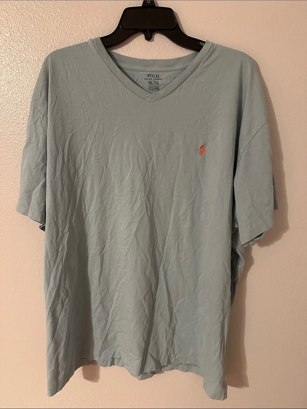 Polo by Ralph Lauren Men’s Pale Blue V-Neck Tee with Orange Pony